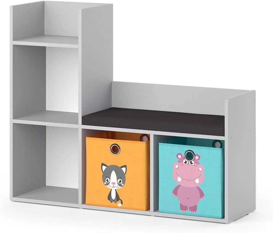 Scaffale per bambini Luigi, Grigio, 107.2 x 88.6 cm, con seduta imbottita e quattro ripiani aperti