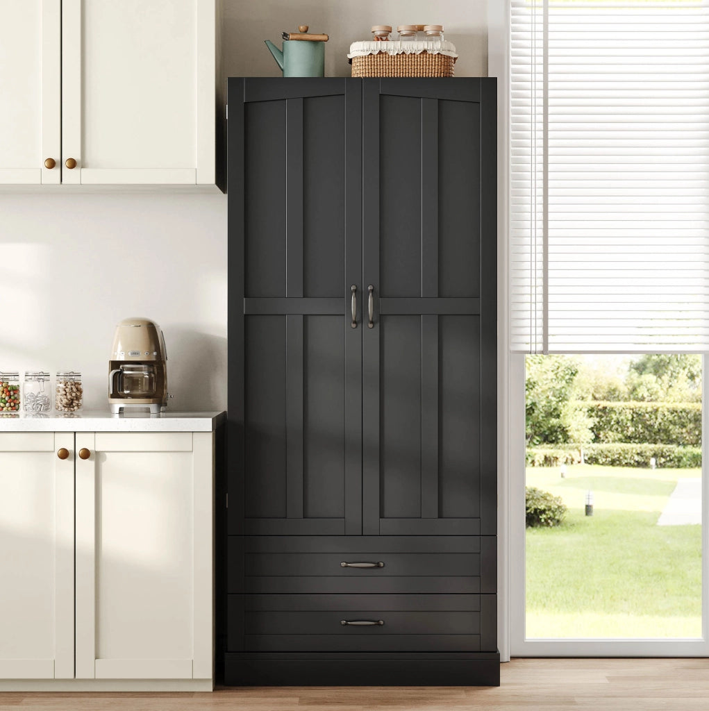 Mobile dispensa alto con 3 ripiani estraibili; 2 cassetti e ante; 180x80x37;5 cm; MDF nero