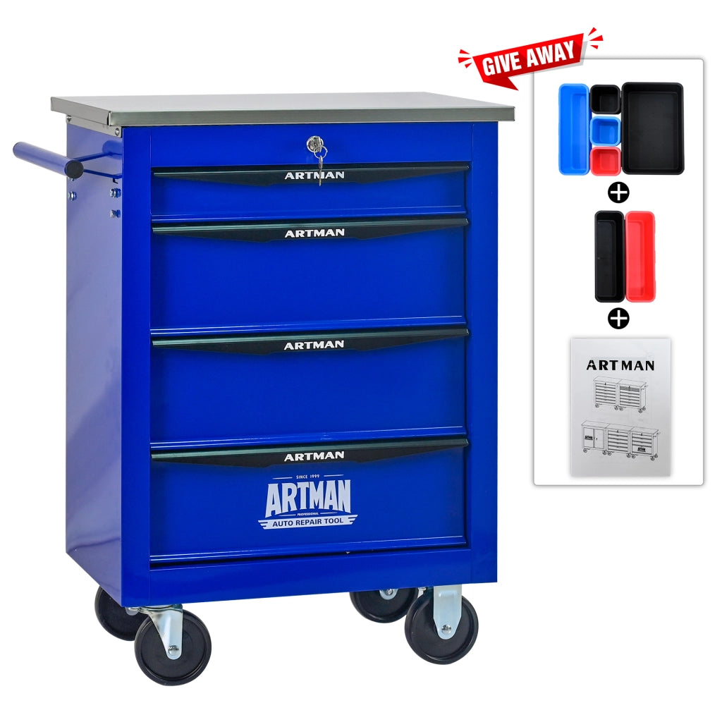 CARRELLO DA OFFICINA 4 Cassetti 62,5x34,5x78 cm Acciaio Nero/Blu
