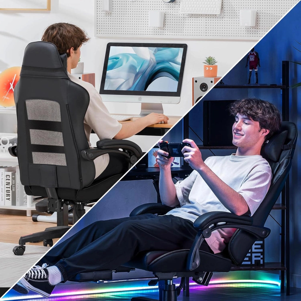 Sedia da gioco, sedia da gioco, sedia da ufficio, ergonomica, regolabile in altezza, adatta per inverno ed estate, con schienale doppio, rivestimento rimovibile e supporto lombare Nero