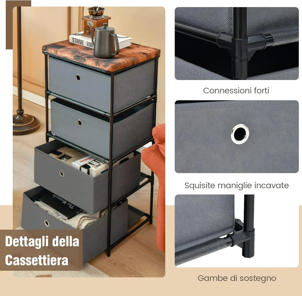 Cassettiera in Tessuto, Mobile con 4 Cassetti e Struttura Robusta in Metallo, Mobiletto Salvaspazio per Camera da Letto, Corridoio, Ingresso e Armadio, 42 x 33,5 x 84,5 cm (Grigio)