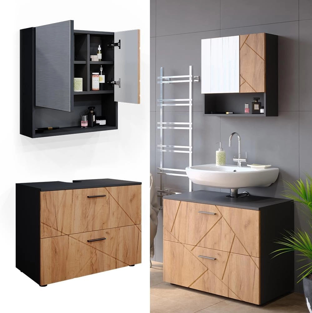 Set mobili bagno Irma, Quercia dorata/antracite, 80 cm, composto da specchio da bagno e mobile sottolavabo