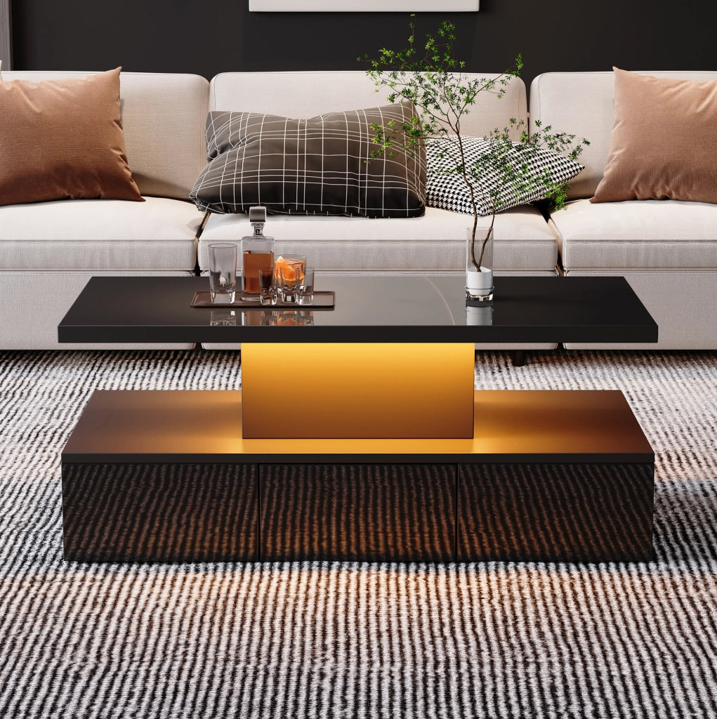 Tavolino da caffè LED nero 100x50x39 cm con cassetto e ripiano