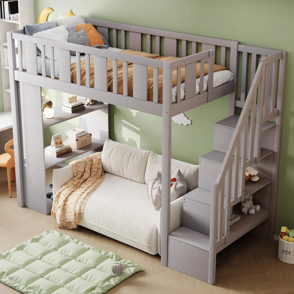 Letto a soppalco per bambini 90x200 cm con scala contenitore; grigio