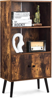Libreria con 2 Ante a 3 Livelli, Scaffale per Libri, Credenza da Terra, Gambe Alte in Legno di Pino, Stile Vintage, Ideale per Soggiorno, Studio, Portata Massima 50 kg, 60x30x120 cm