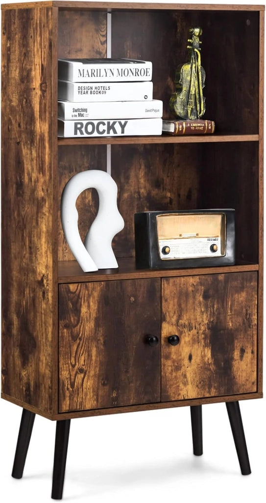Libreria con 2 Ante a 3 Livelli, Scaffale per Libri, Credenza da Terra, Gambe Alte in Legno di Pino, Stile Vintage, Ideale per Soggiorno, Studio, Portata Massima 50 kg, 60x30x120 cm