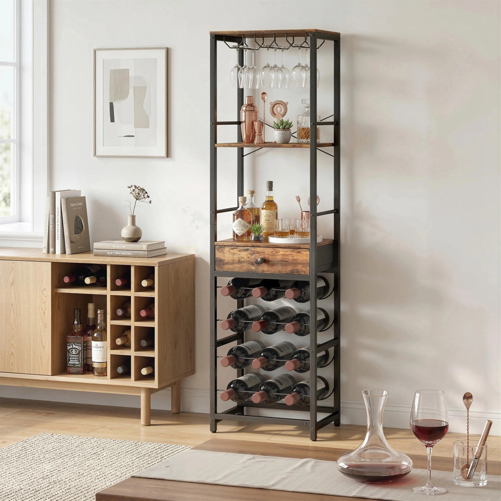 Cassettiera per Vino con Ripiano e Cassetto ¨C zephmum ¨C Marrone 40x30x148