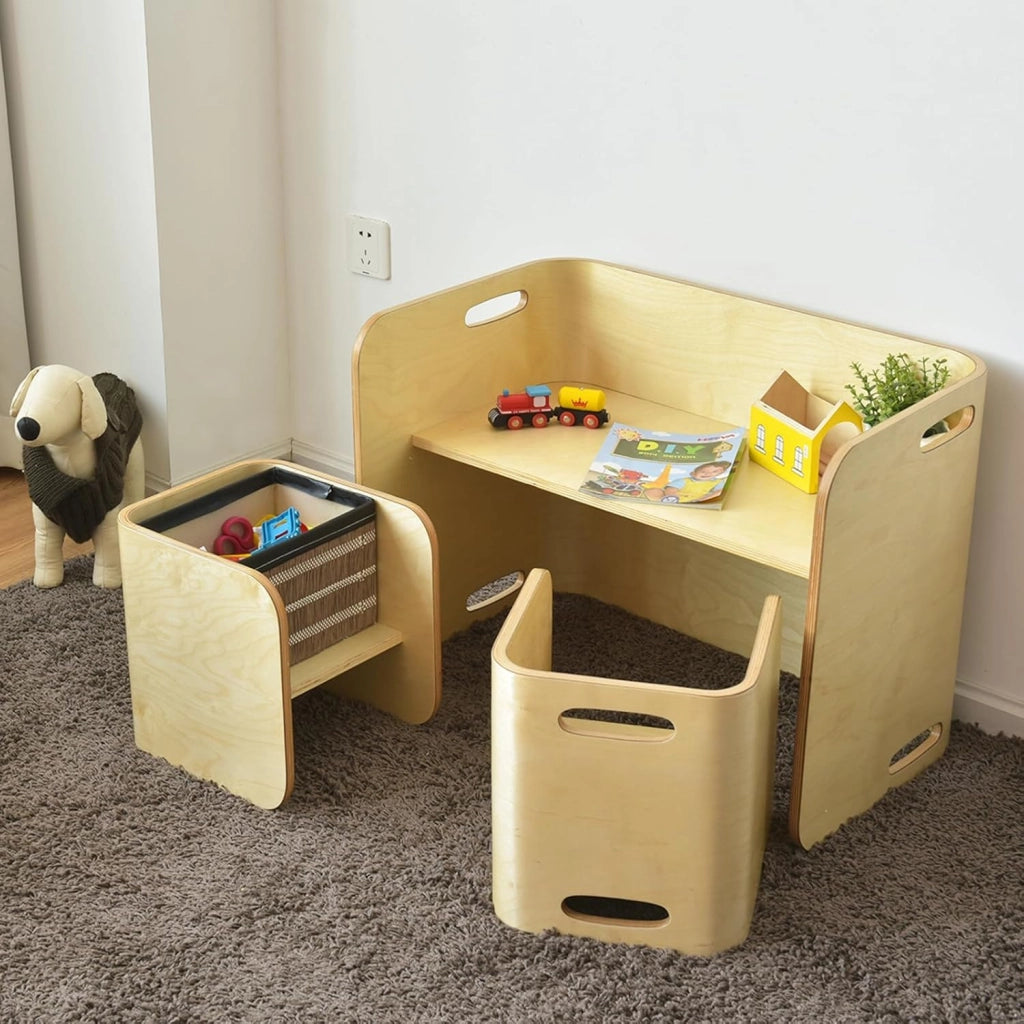 COSTWAY Set Tavolo e 2 Sedie per Bambini 2-9 Anni, Set Multiuso in Legno di Faggio con Maniglie Ergonomiche, Design Salvaspazio, Senza Montaggio, Portata 100 kg (Naturale)