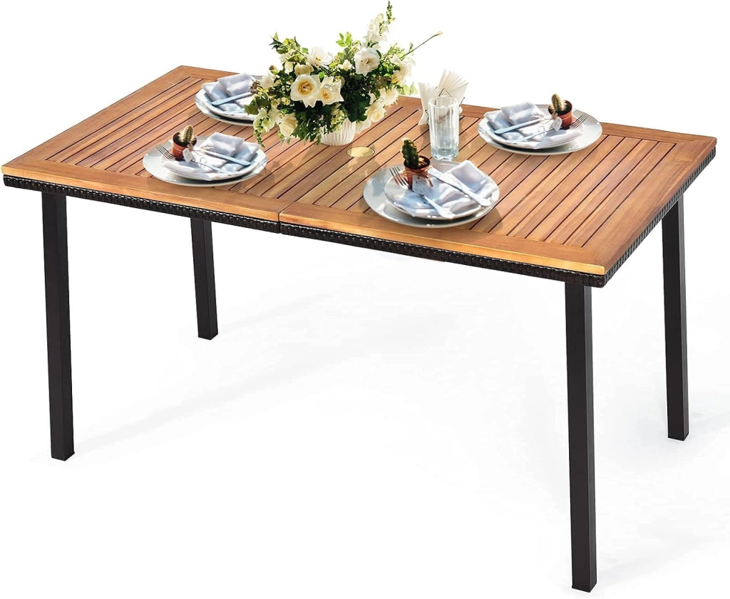 Tavolo da Giardino in Legno di Acacia, Tavolo Rettangolare con Struttura in Acciaio e Foro per Ombrellone, Ideale per Giardino Cortile Balcone, 140 x 75 x 76 cm