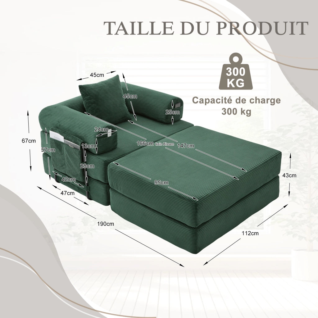 Divano modulare in velluto a coste senza montaggio con pouf, cuscino e tasca laterale, design ergonomico, verde smeraldo