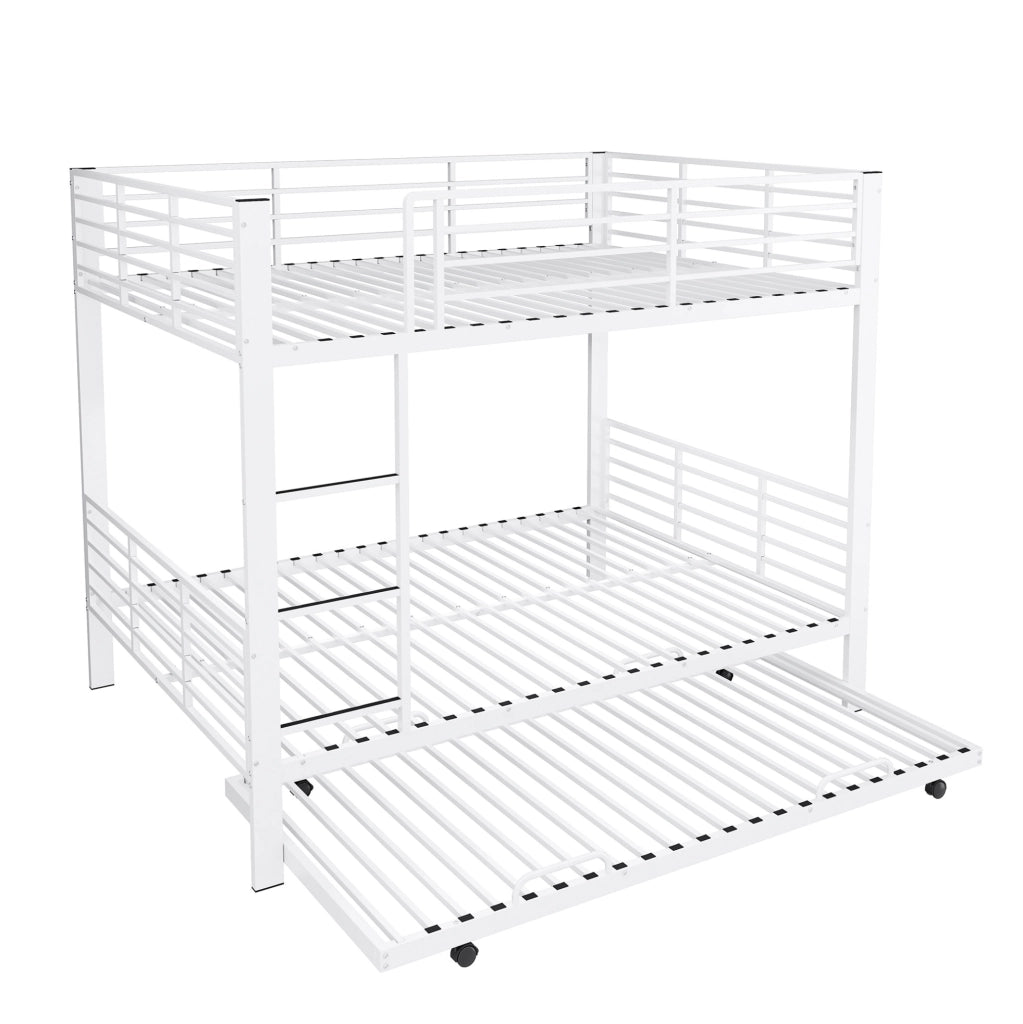 Letto a castello 205x145x170 cm per 3 persone con letto estraibile e barriera di sicurezza in metallo bianco opaco