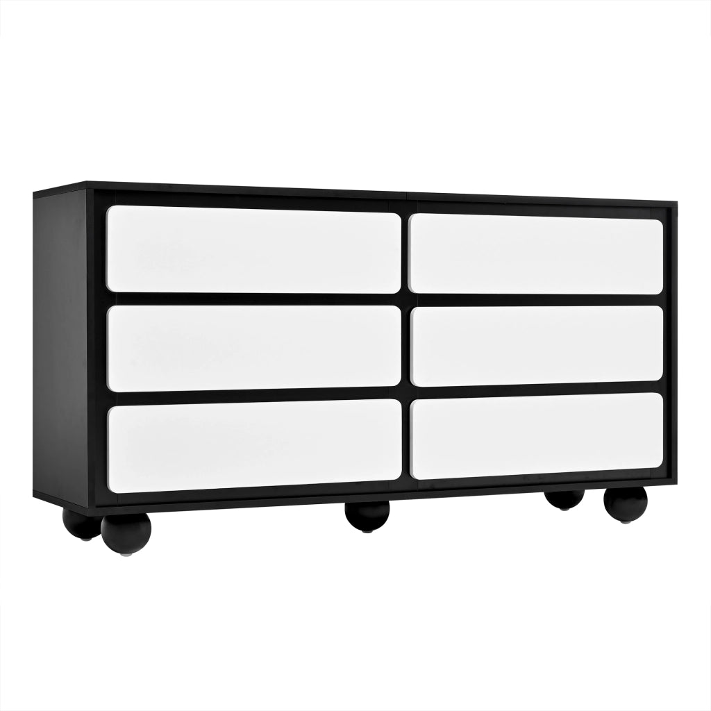 Credenza moderna con 6 cassetti, finitura bianco e nero, 140¡Á38¡Á74,5 cm