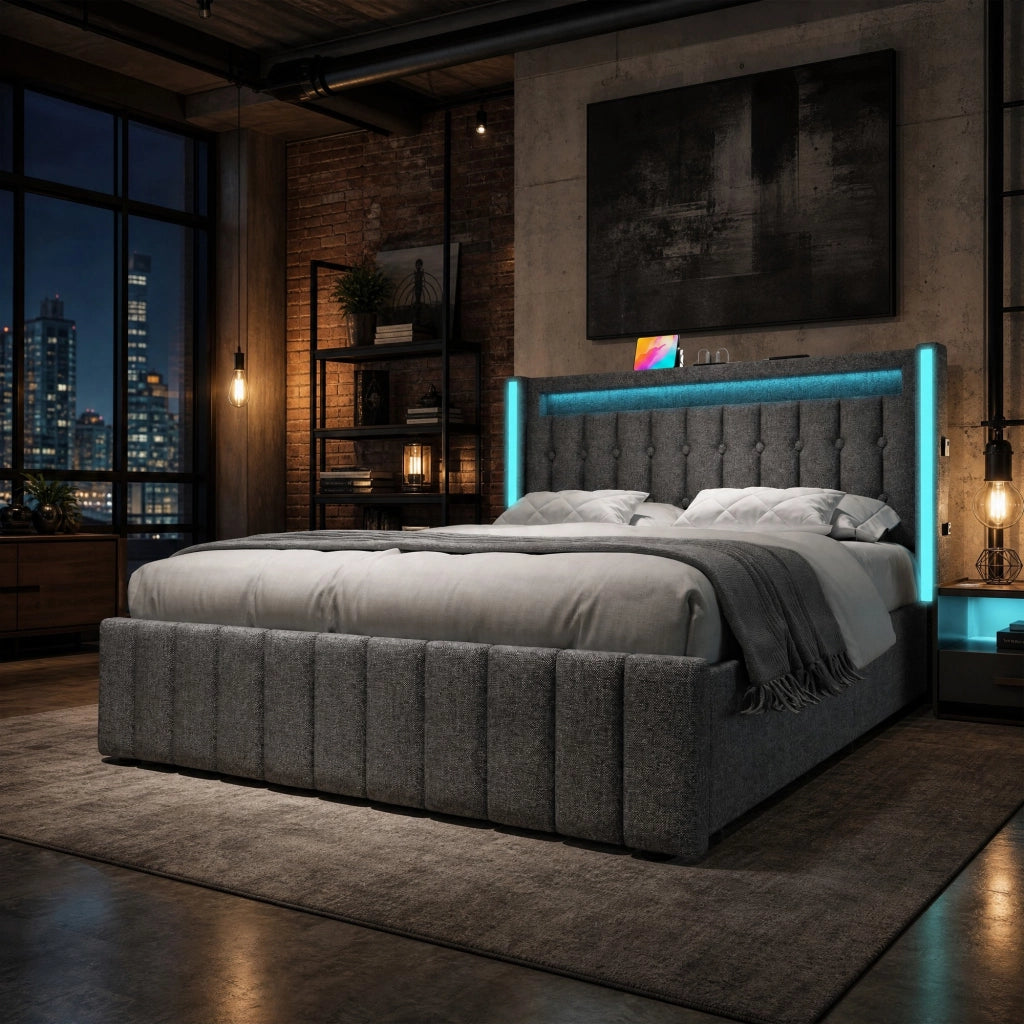 LETTO 140x200 cm Grigio in lino con funzione di ricarica e 4 cassetti