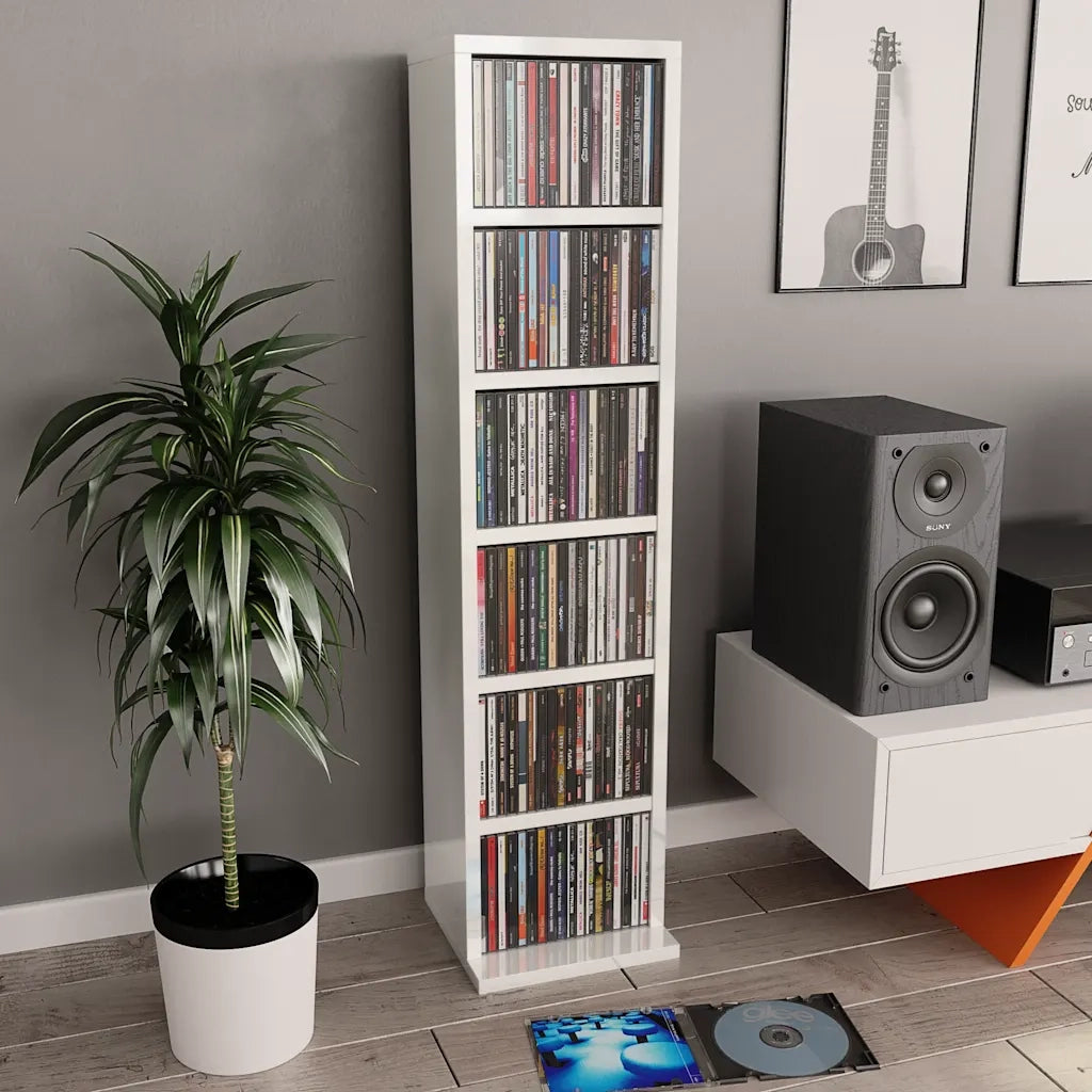 Mobile Porta CD Bianco Lucido 21x20x88 cm in Legno Multistrato 800357