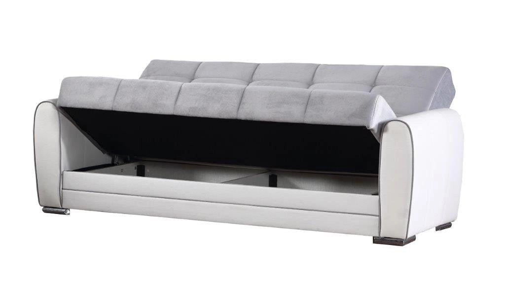 Divano letto Dike, Divano letto contenitore a 3 posti in ecopelle e tessuto, SofÒ  da soggiorno in tessuto imbottito con apertura click-clack, Cm 220x84h91, Bianco e Grigio