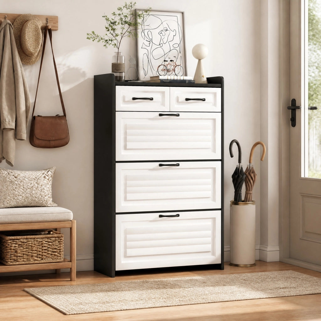Scarpiera salvaspazio con 3 vani girevoli e 2 cassetti; 80x23;5x131 cm; bianco e nero