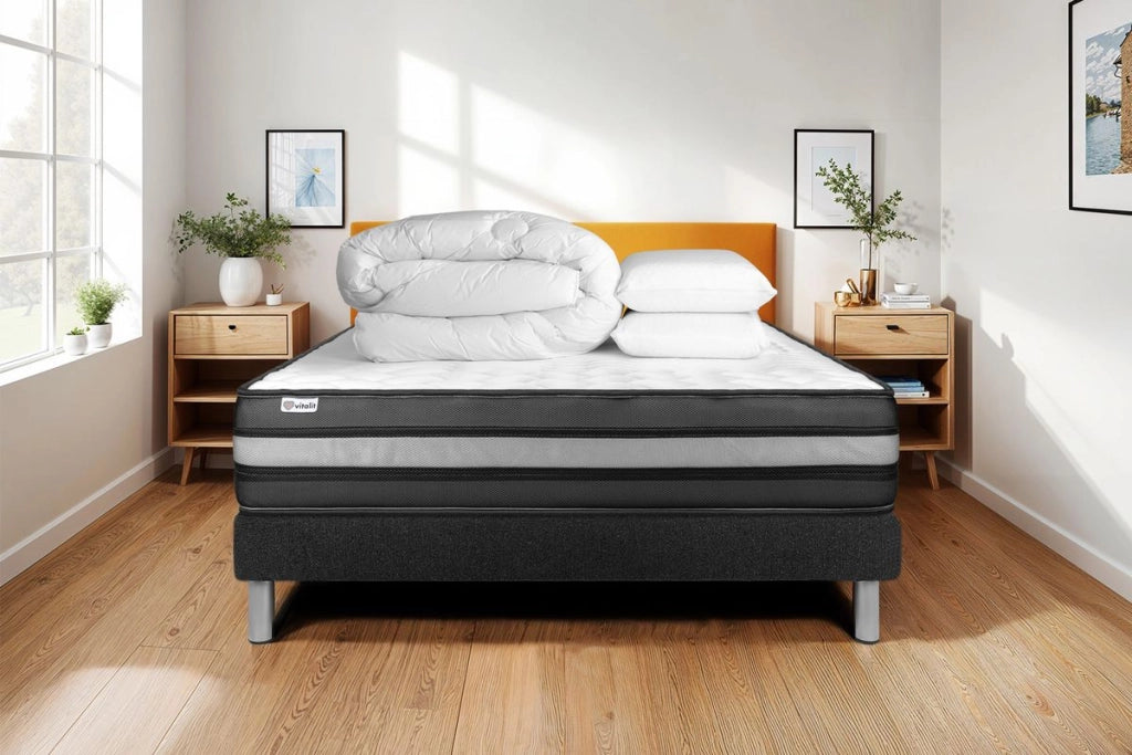 Pacchetto letto completo - Materasso 140x200cm + Box spring con doghe (kit) + 2 cuscini + Piumino - Vital Power Zen