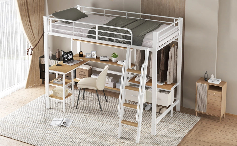 Letto a castello in ferro e MDF bianco e naturale con scrivania scaffale e due scatole tessili 90x200cm