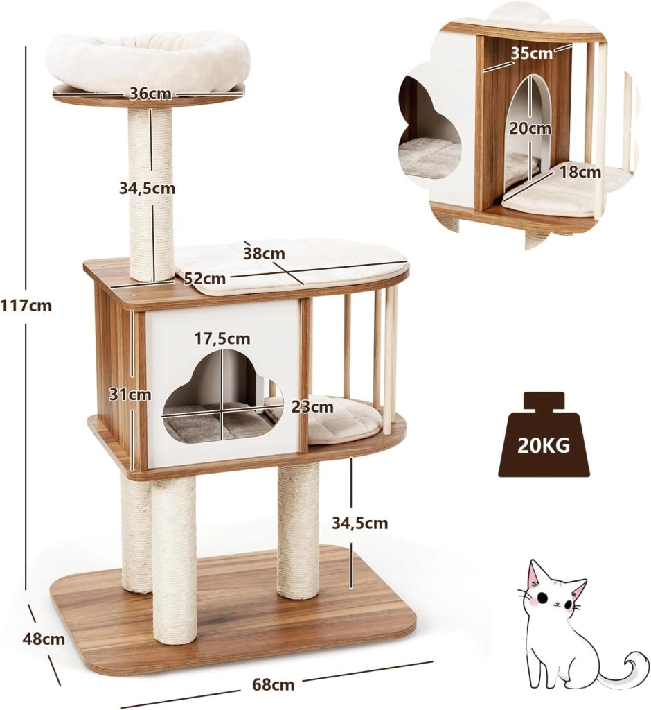 Tiragraffi in legno con 4 colonne tiragraffi, 2 piattaforme, albero da arrampicata con grotta e piattaforma di osservazione, per gatti, 68 x 48 x 117 cm (marrone)