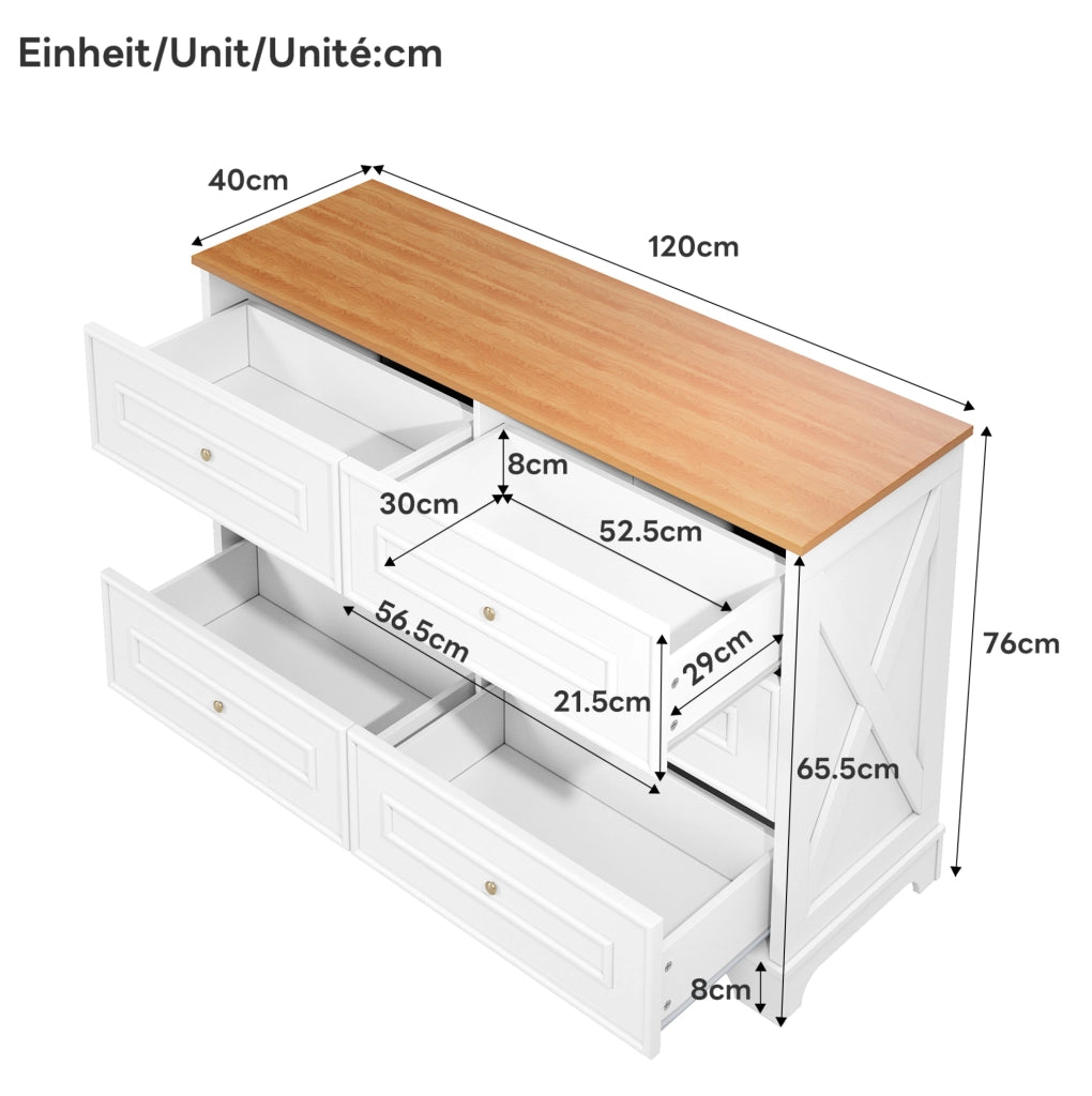 Sideboard 120x40x76 cm con 6 cassetti; motivo rustico; in MDF e truciolato; bianco e naturale