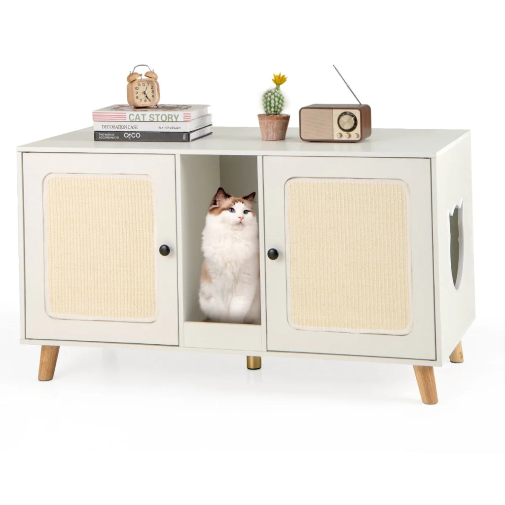 Mobiletto per lettiera di design 108 x 50 x 60 cm con 2 tiragraffi atmosfera accogliente in legno ingegnerizzato bianco 20_0012699