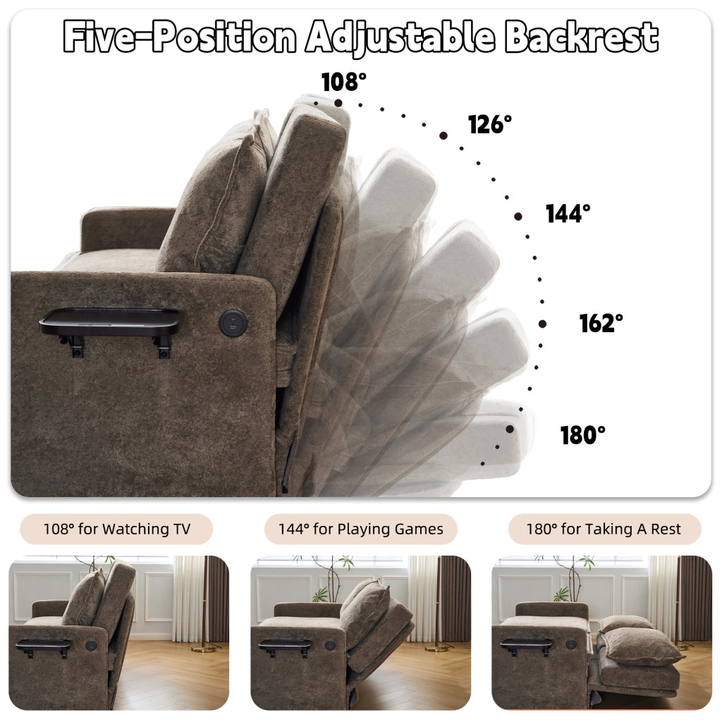Divano letto 3 in 1 pieghevole con schienale regolabile a 5 livelli porta USB e tasche laterali in chenille marrone