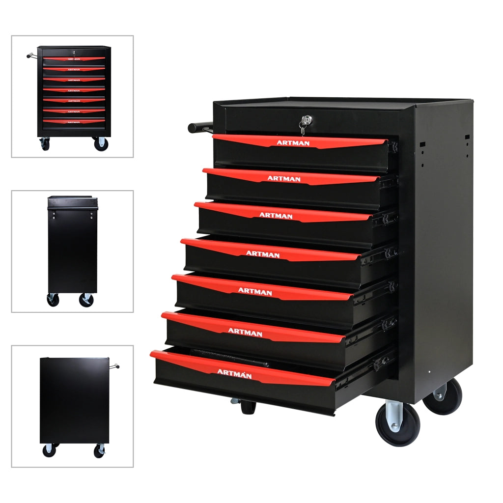 Mobile contenitore con 7 cassetti e serratura con guide a sfere; per garage e officina; in acciaio; nero rosso