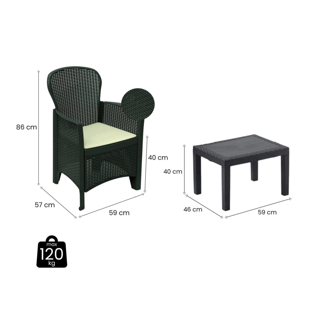Set salotto da esterno Aneta, Set da giardino con cuscini composto da 2 poltrone e 1 tavolino, Salottino indoor, 100% Made in Italy, Cm 60x58h86, Antracite