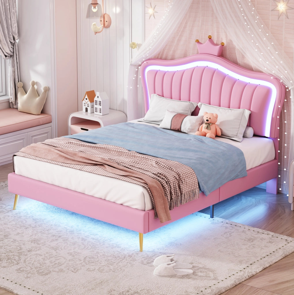 Letto per bambini imbottito 140x200 cm; testiera a conchiglia con LED; similpelle rosa (Senza materasso)