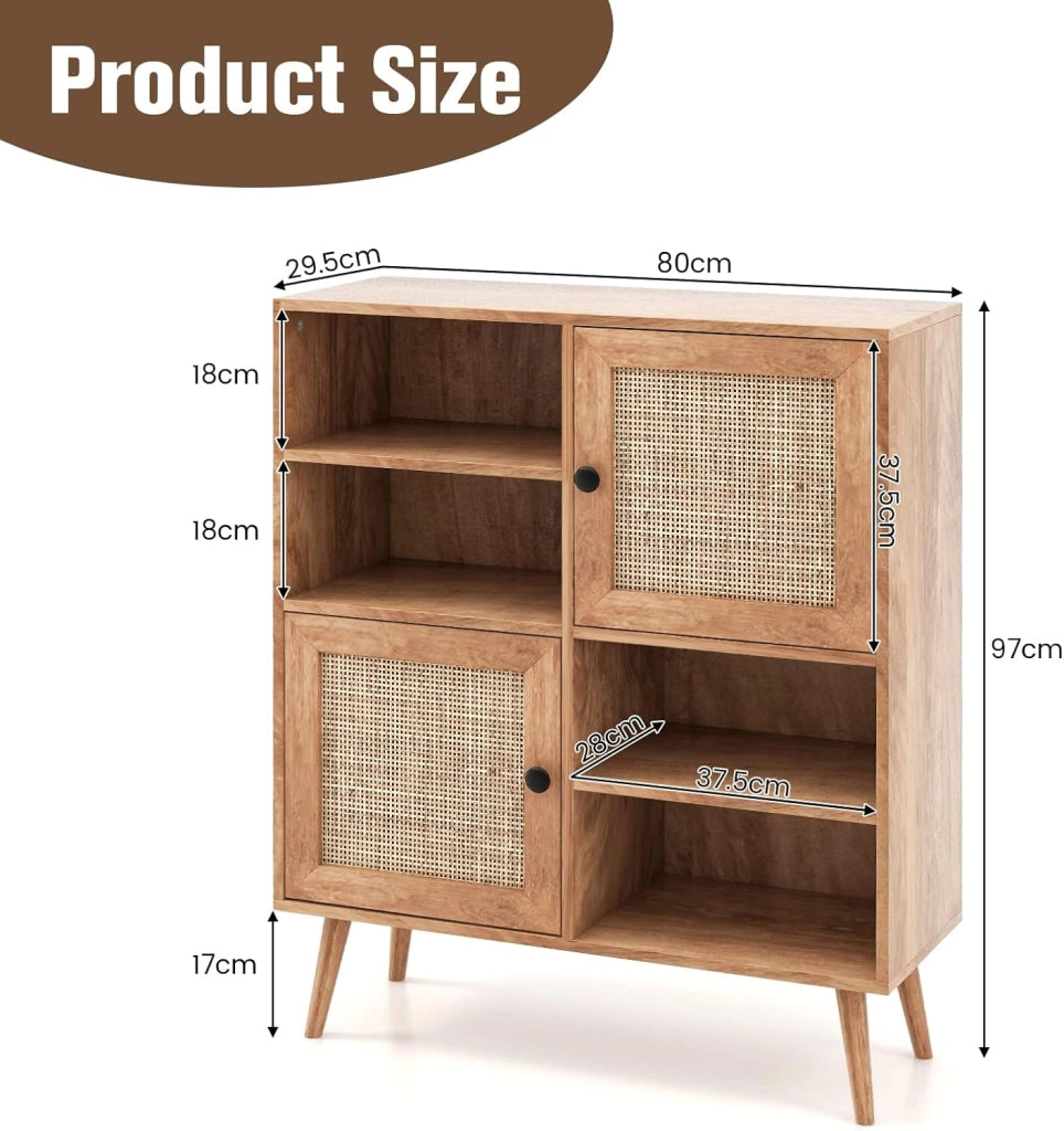 Credenza da cucina con 2 ante in rattan, armadio con 4 ripiani aperti e 2 armadi, 80 x 29,5 x 97 cm, mobile ausiliario per cucina, sala da pranzo, soggiorno