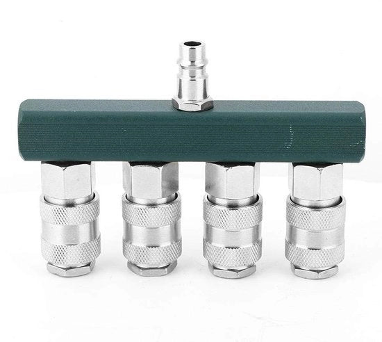 Distributore di tubi d'aria 4 vie - Connettore rapido 1/4 pollice - Inox galvanizzato - Splitter per compressore d'aria - Resistente alla corrosione - Adatto per più strumenti - Connettore d'aria