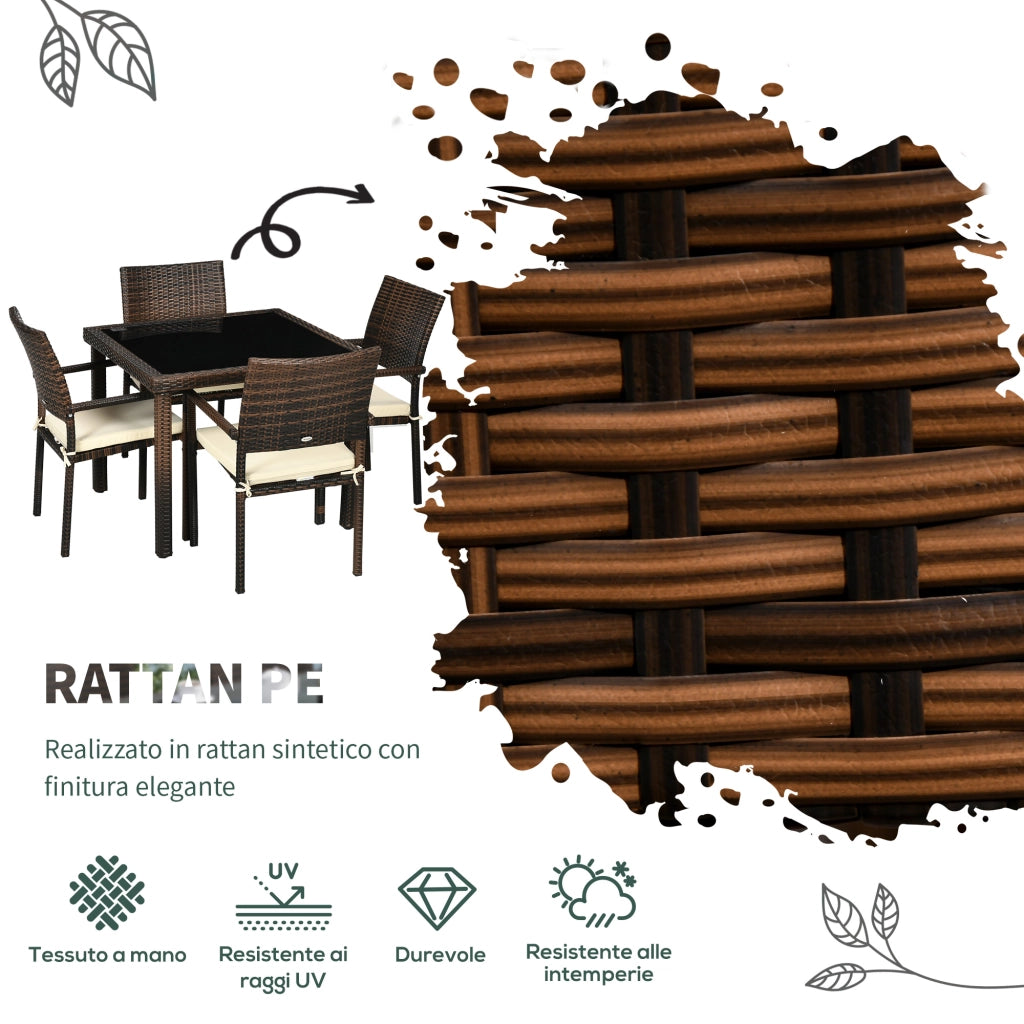 EasyComfort Set da Esterni in Rattan PE con Tavolo e 4 Sedie con Cuscini, Marrone