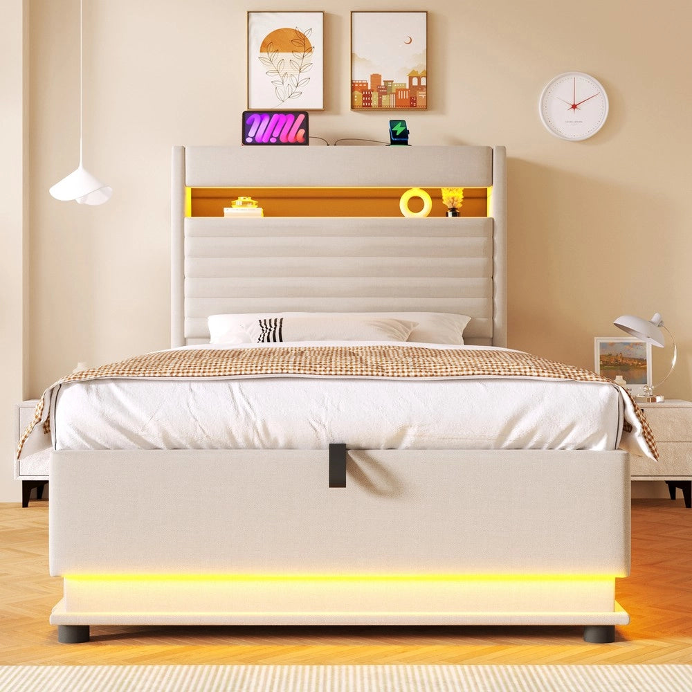 Letto Imbottito con LED e Contenitore Idraulico ¨C MINIMAL ¨C Lino Beige 90x200