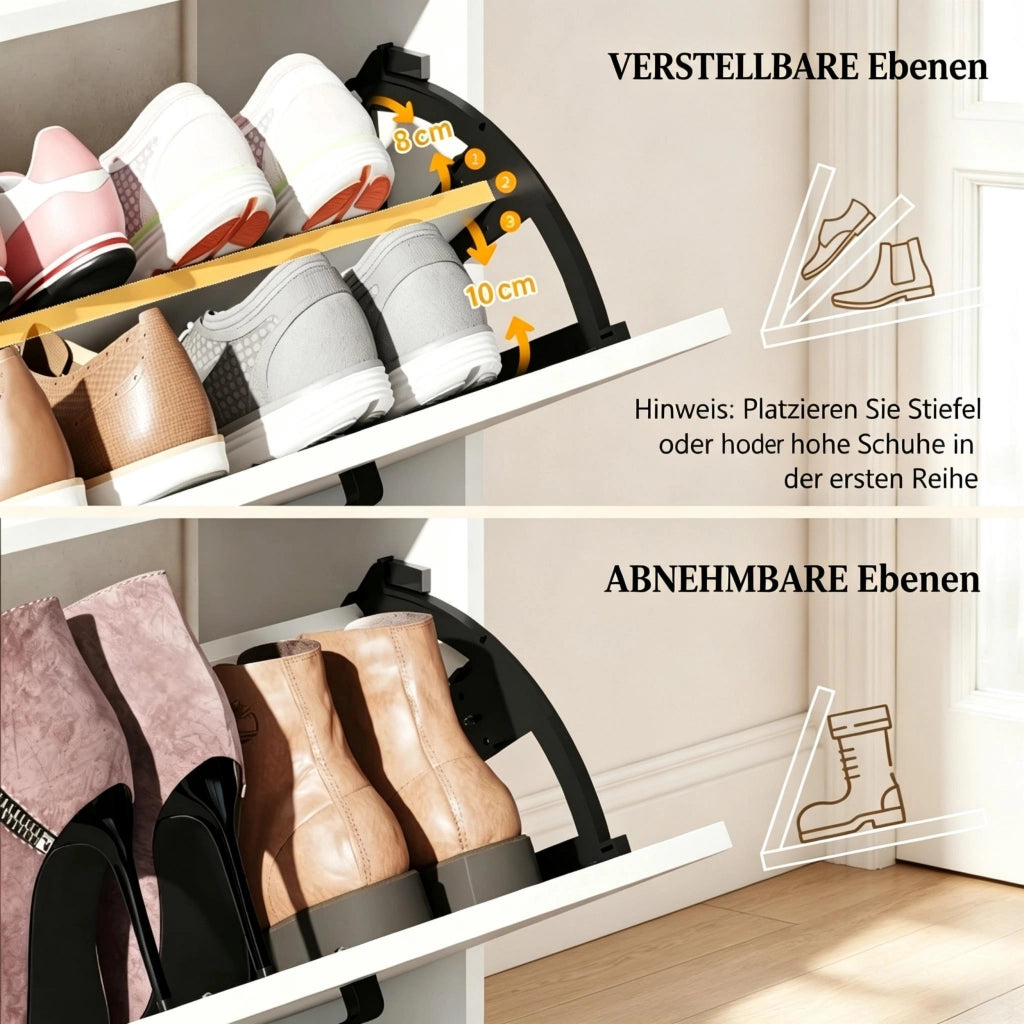 Scarpiera moderna per un massimo di 15 paia di scarpe, con 2 cassetti/scomparti a ribalta.