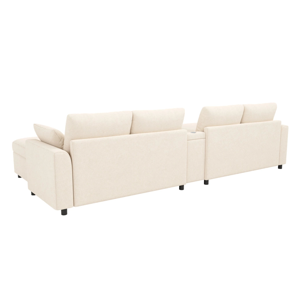 Divano angolare modulare con 2 pouf contenitore e console USB Type-C 316x140x84;5 cm ciniglia beige