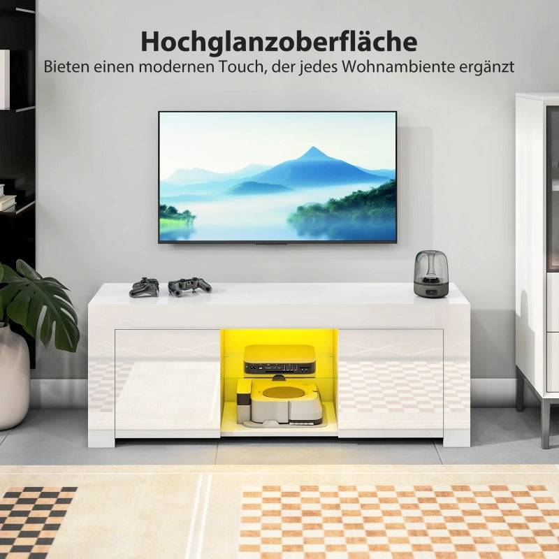 Mobile porta TV con LED RGB 2 ante 2 vani aperti e ripiano in vetro moderno per soggiorno bianco 120 × 34 × 45 cm