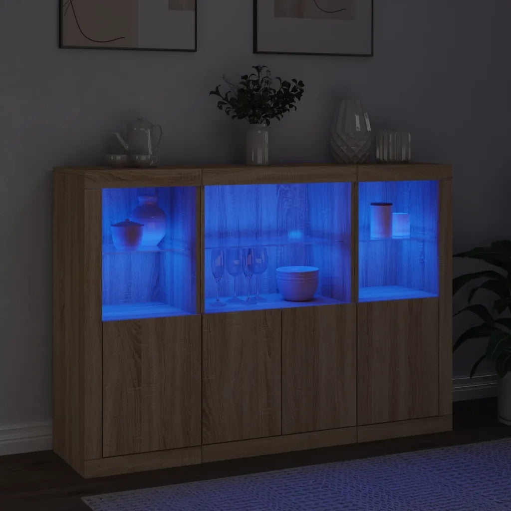 Credenze con Luci LED 3 pz Rovere Sonoma in Legno Multistrato