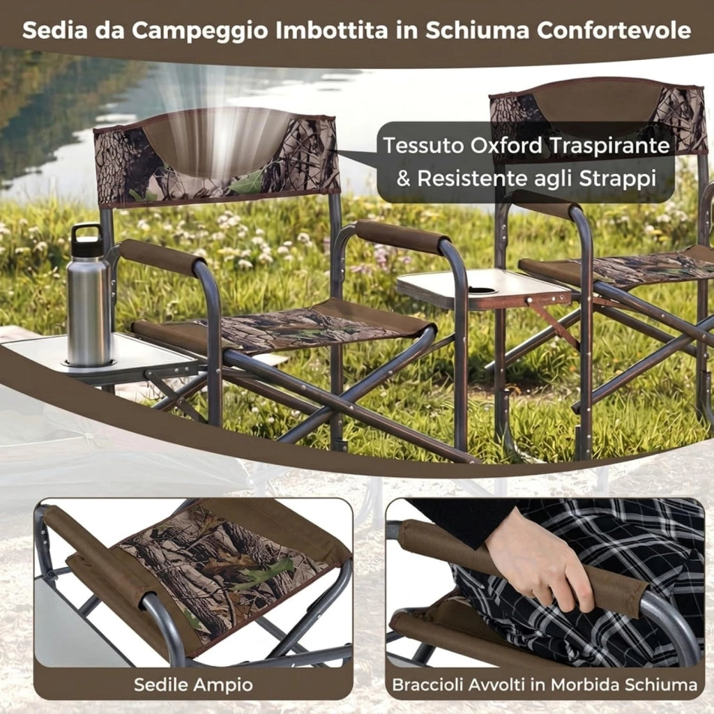 Sedia da Regista Imbottita con Tavolino, Ampio Sedile, Braccioli e Schienale, Sedia da Campeggio Pieghevole con Telaio Metallico per Eventi Sportivi e Pesca, Portata 180 kg (Mimetico)