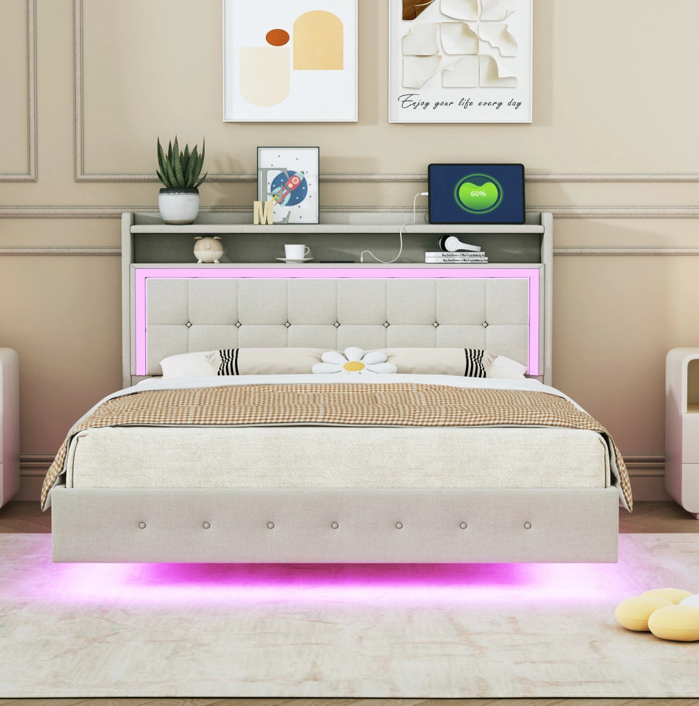 Letto imbottito 140x200 cm beige con USB, LED e vano testata