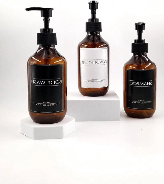 Set di dispenser per bottiglie in vetro da 300 ml di 3 pezzi - inclusa etichetta per bottiglie impermeabile