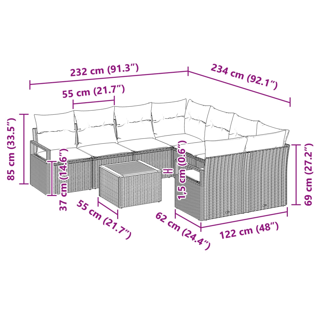 Set Divano da Giardino 9 Pezzi con Cuscini Nero Polyrattan Acacia