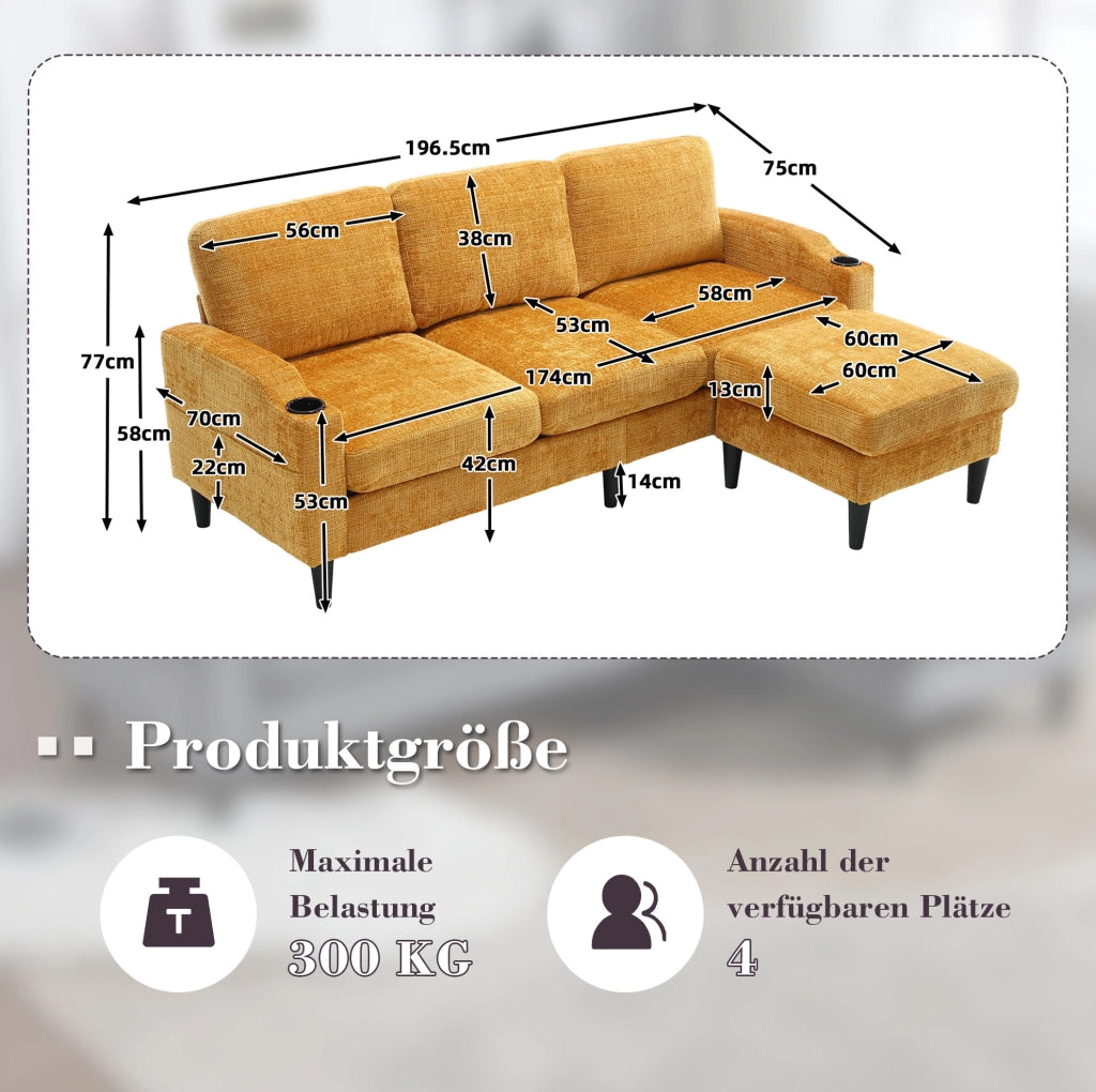 Divano 4 posti 196.5x75x77 cm con pouf contenitore; portabicchieri e tasche laterali in chenille gialla