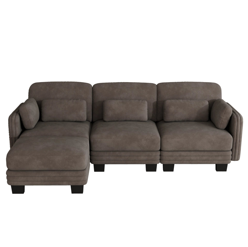 Divano modulare a L in ciniglia marrone con pouf; 253x143x88 cm