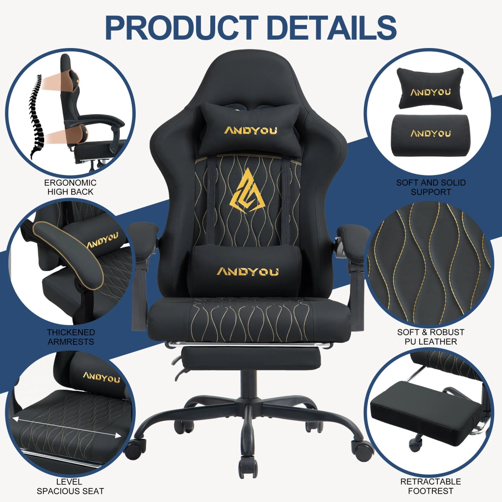 Sedia da Gaming con Poggiapiedi ¨C Zephmum ¨C Nero, Pelle Sintetica