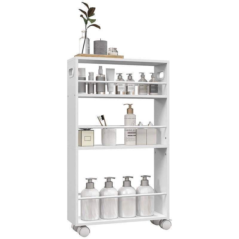 CARRELLO DA CUCINA E BAGNO SALVASPAZIO A 3 LIVELLI CON BARRE LATERALI E RUOTE CON FRENI BIANCO 45X15X80 CM