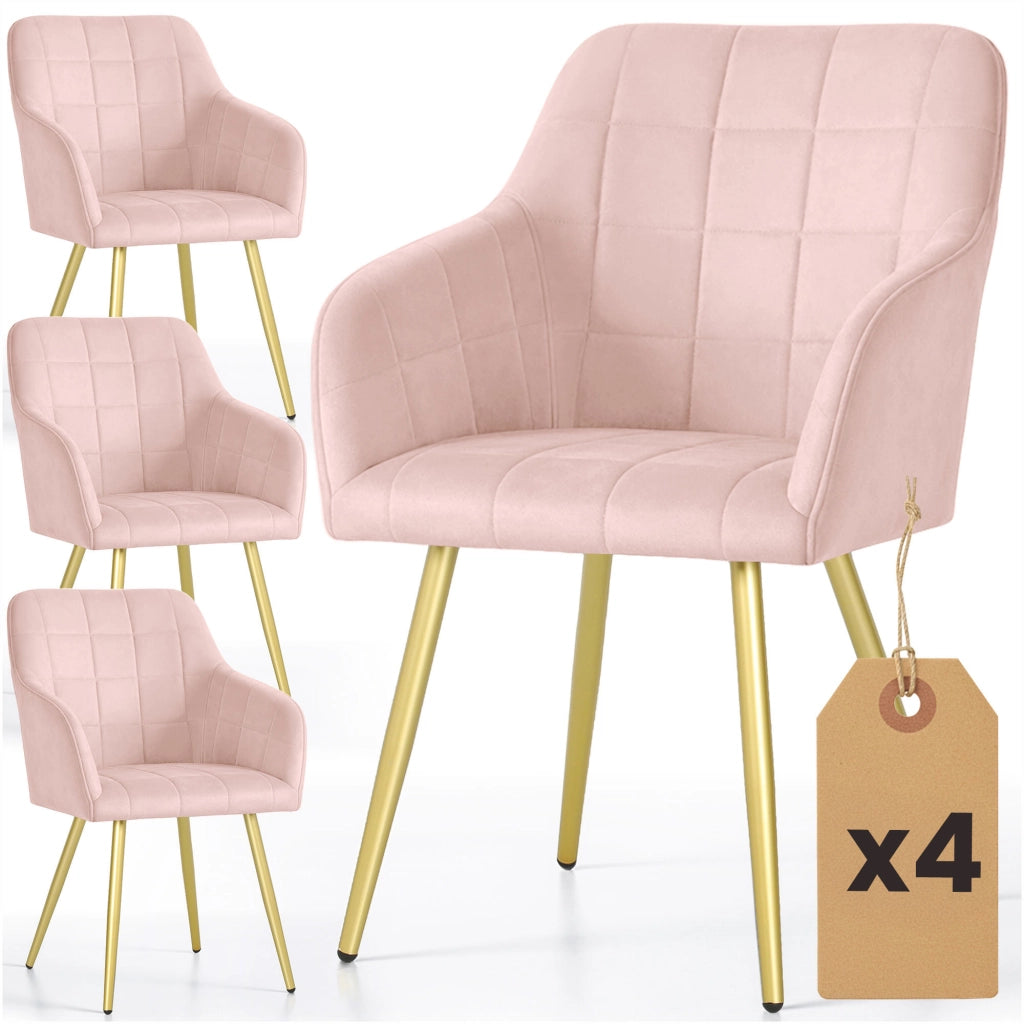 Set di 4 Sedie imbottite con cuciture quadrate LUXANO Rosa Cipria gambe oro