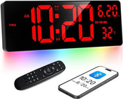 Orologio Digitale da Parete 16,5 Pollici con Sincronizzazione Bluetooth, Display Rosso e Illuminazione Colorata