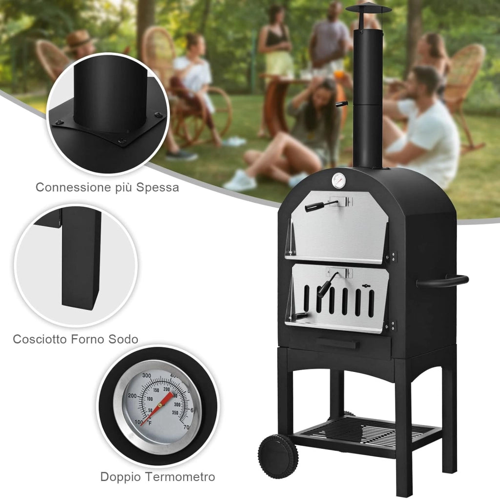 Forno per Pizza Portatile da Esterno, Rivestimento Impermeabile e Pala per Pizza, Forno Riscaldato a Legna con Piastra per Pizza, Fornello da Campeggio per Pizza, Nero