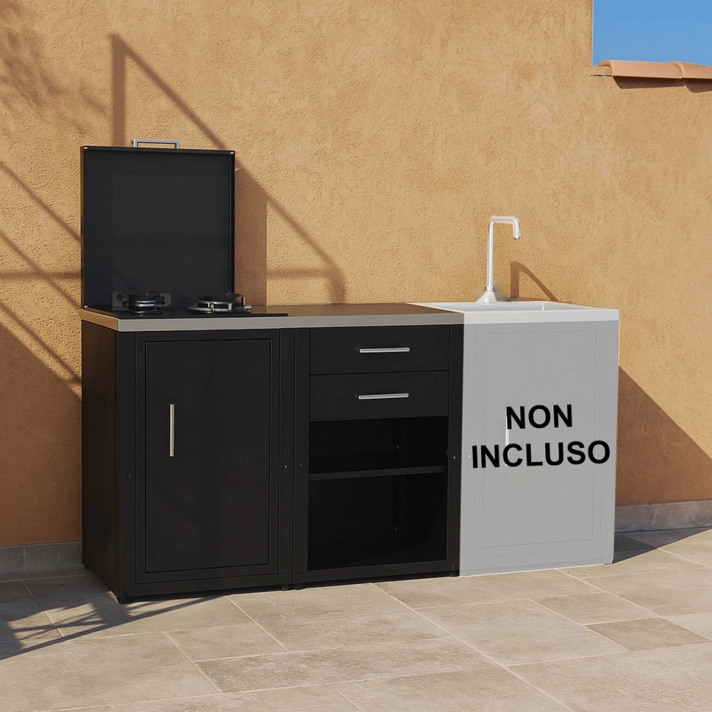 Set Cucina da Esterno a Gas 2 Elementi con 2 cassetti Estraibili - Struttura in Acciaio e Piano in Acciaio Inox - Nero