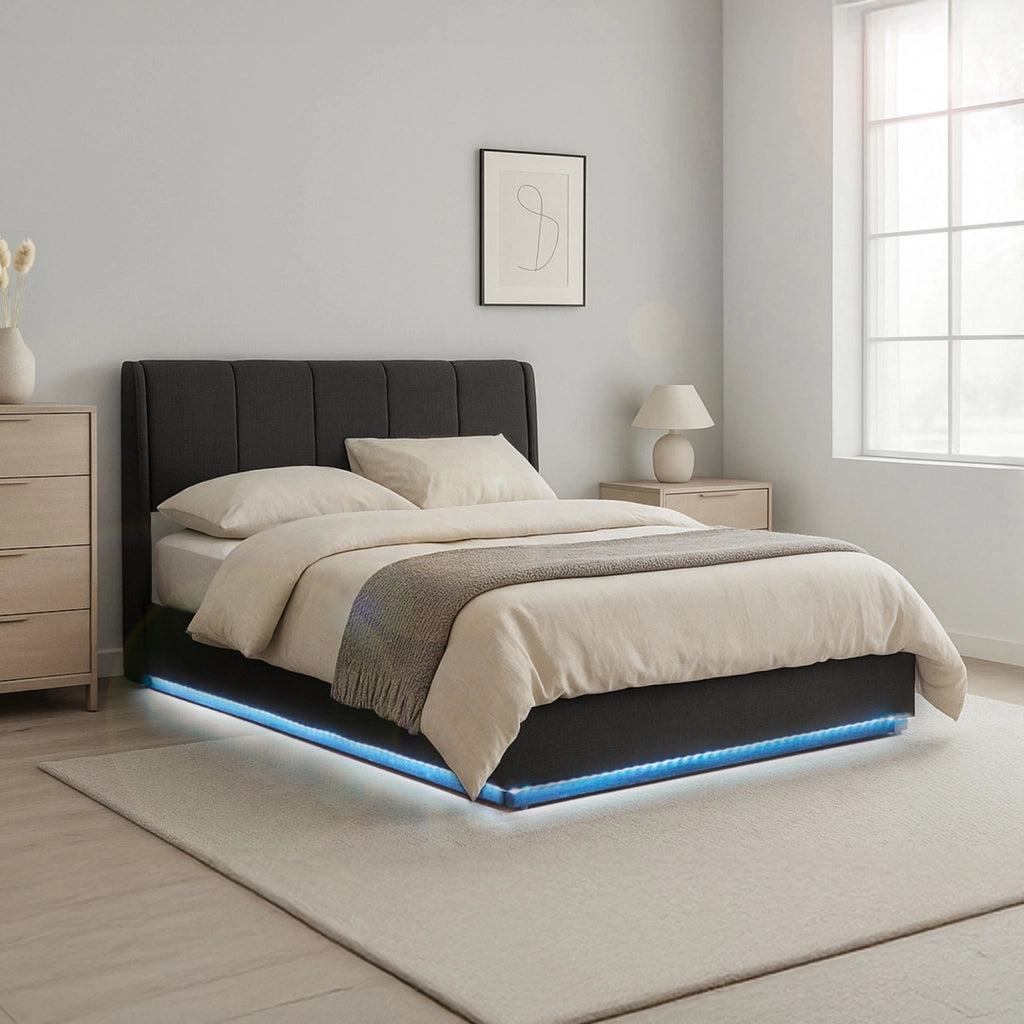 Letto Contenitore Tröstiar con Apertura a Ribalta e Luce LED Letto Matrimoniale 160x200 cm Nero [en.casa]